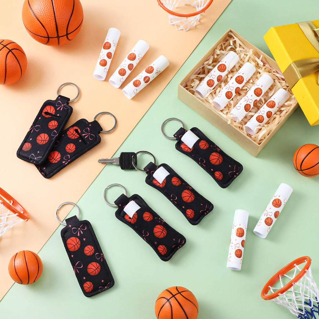 Loopeer 24 Pcs Basketball Party Favors Include Lip Balm and Lipstick Holder Keychain Bulk Moisturizing Basketball and Bow Lip Balm Keychains Pouch for Team Gifts Sports Party Supplies
