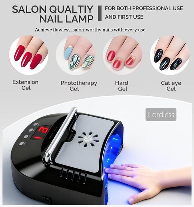 OBEEGOO Cordless UV LED Nail Lamp,72W Professional Nail Dryer for Gel Polish with Fan - UV Light for Gel Nails with 36 Upgraded Light Beads, LED Gel Nail Lamp for Salon & Home DIY (Black)