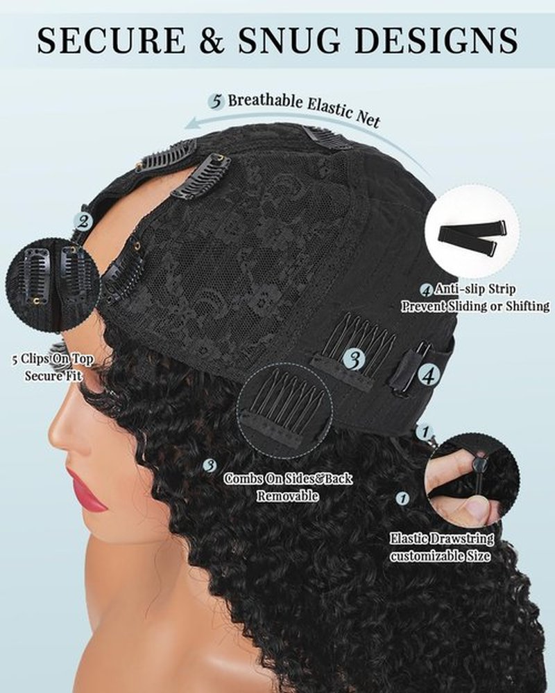 Abijale Burmese Curly V Part Wigs Human Hair 200% Density Upgrade U Part Wigs with Drawstring No Leave Out Glueless Clip in Half Wigs Curly Human Hair Wig for Black Women #1B Natural Black 16Inch
