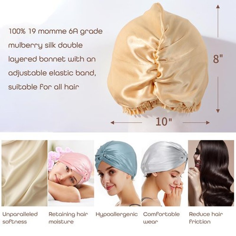 SereLune 100% Mulberry Silk Bonnet Sleep Cap, Double Layer Silk Turban/Bonnet, Adjustable Fit for Night Hair Care, 9 Colors (Black)