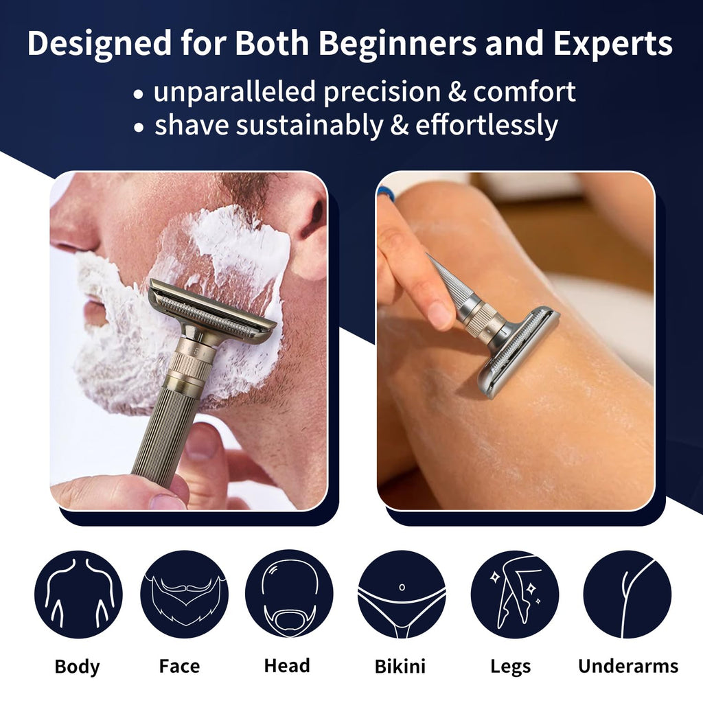 THURLADY Double Edge Safety Razor, Single Blade Razors for Men, with 10 Platinum Coated Swedish Safety Razor Blades, Sustainable, Close and Smooth Wet Shaving, Adjustable Blade Angle, Matte Silver