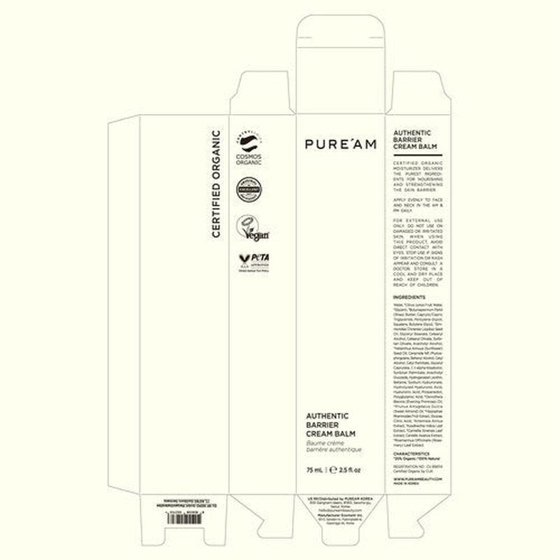 PURE'AM Korean Barrier Repair Organic Moisturizer, Ceramide Cream For Dry & Sensitive Skin, Hydrating Face Balm, Moisturizer For Acne Prone Skin, 75ml (2.5 Fl Oz)