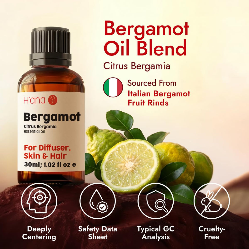 H'ana Bergamot Oil - 1.02 Fl Oz Bergamot Essential Oil for Hair, Skin, Diffuser, Aromatherapy & DIY