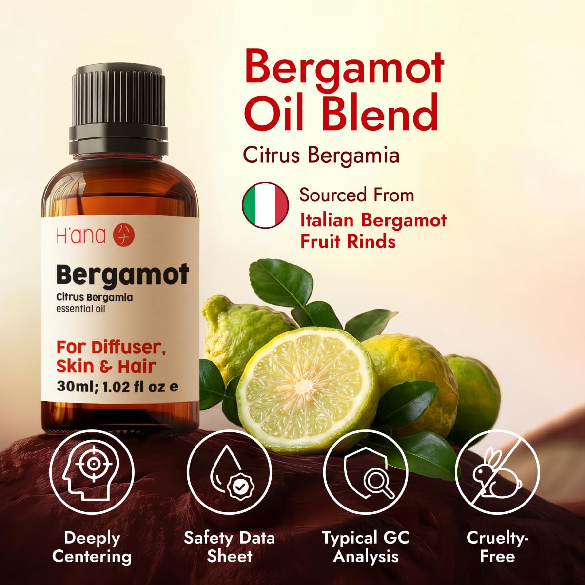 H'ana Bergamot Oil - 1.02 Fl Oz Bergamot Essential Oil for Hair, Skin, Diffuser, Aromatherapy & DIY
