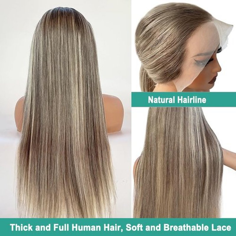 Munx Ombre Highlight Ash Blonde Lace Front Wigs Human Hair, 13x6 HD Straight Lace Front Wigs Pre Plucked Balayage Glueless 180% Density Full Ends Wig Brown Roots Highlighted Human Hair Wig 20"