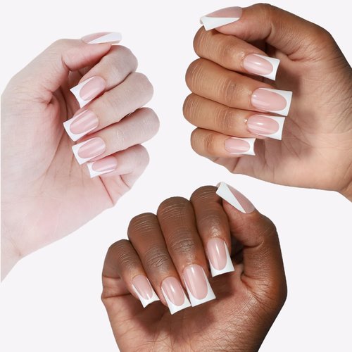 OIFEN 16 Sizes Short Duck Nails Press on, 32pcs Deep White French Tip Gel Nails for Women Manicure with Glue & Stick, Nude French