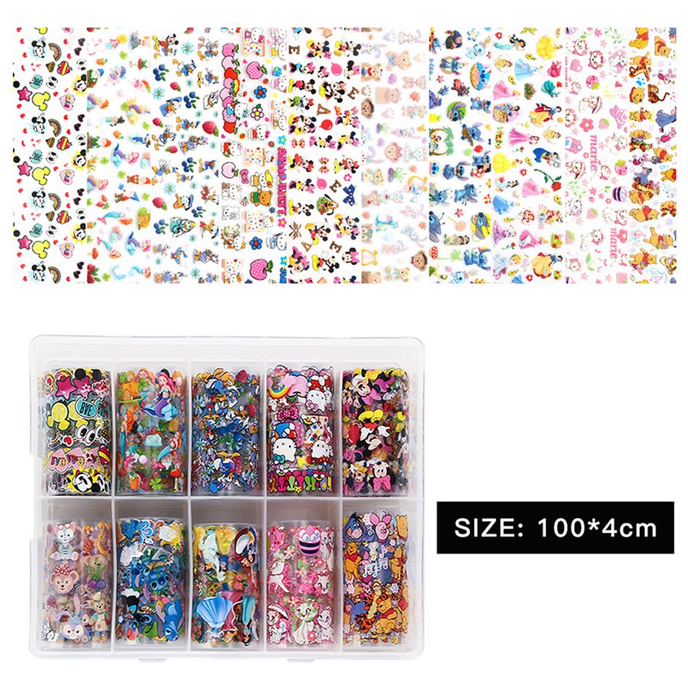 10 Rolls Cute Cartoon Nail Foil Transfer Stickers Nail Art Supplies Designer Nail Stickers Holographic Nail Art Foil Decals Cartoon Nails Designs for Women Acrylic Nails Decoration
