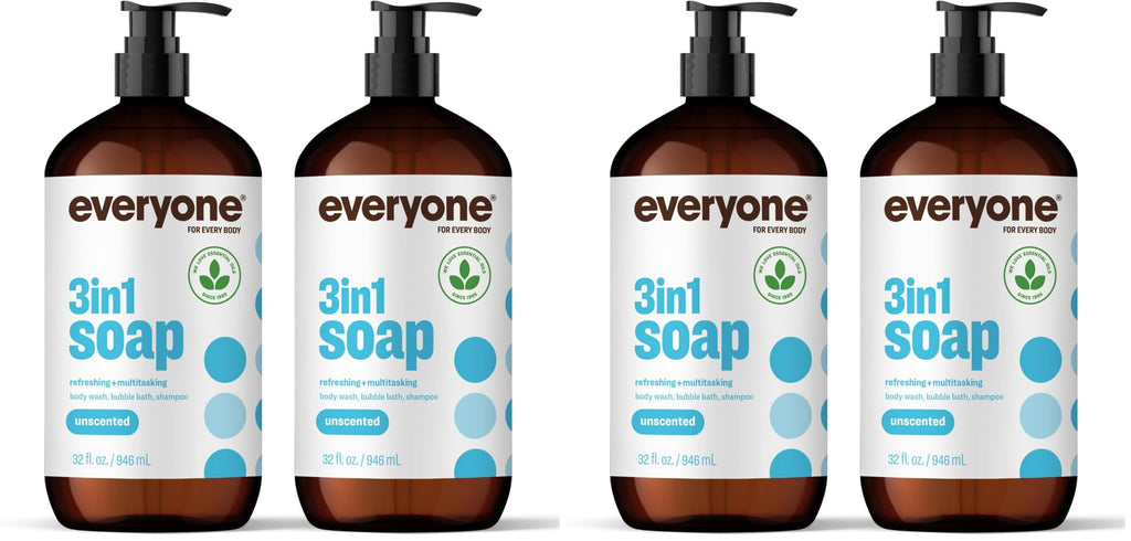 Everyone 3-in-1 Soap,Body Wash,Bubble Bath,Shampoo,32 Ounce,Unscented,made for Men and Women,(Pack of 4)