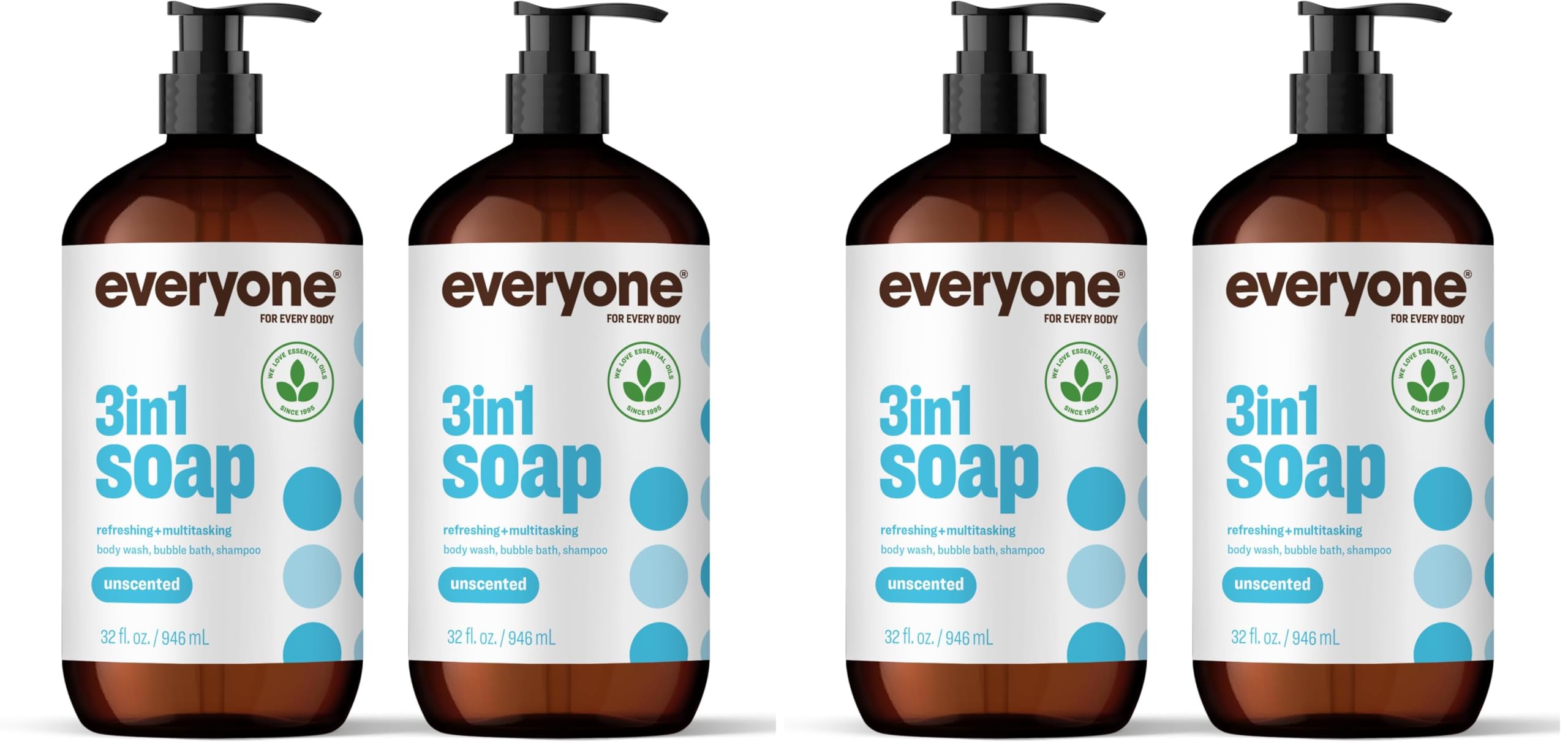 Everyone 3-in-1 Soap,Body Wash,Bubble Bath,Shampoo,32 Ounce,Unscented,made for Men and Women,(Pack of 4)