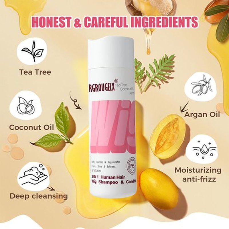 2 in 1 Wig Shampoo & Conditioner for Human Hair - Tea Tree & Coconut Oil, PH Balanced, Anti-Frizz - Moisturizing Formula for Remy/Lace Front Wigs - Restores Shin 250ml (PH5 For Human Hair )