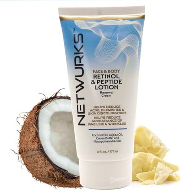 NetWurks Retinol & Peptide Lotion, Renewal Night Cream for Face & Body to Help Reduce Blemishes & Appearance of Fine Lines & Wrinkles, 6 Fl Oz