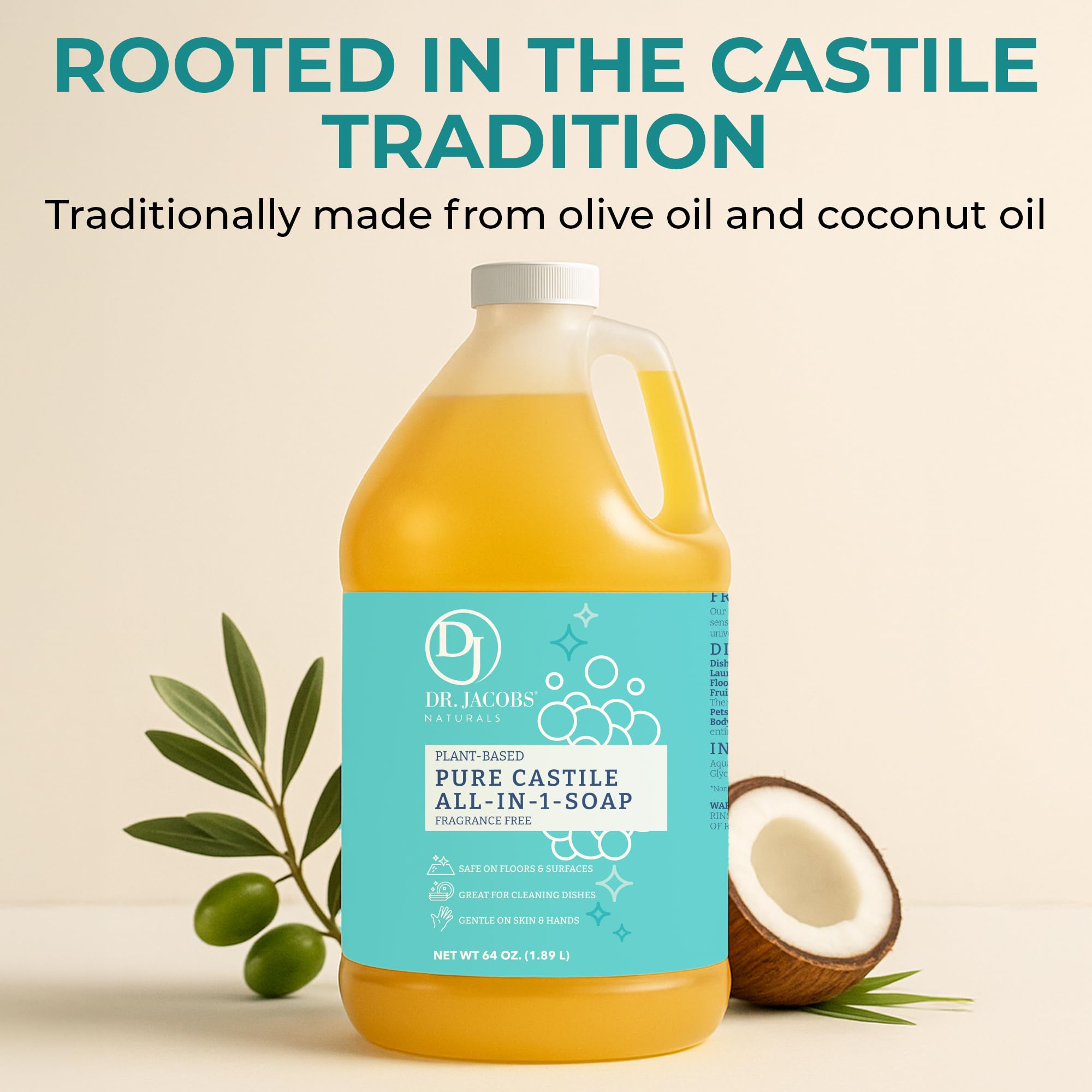 Dr. Jacobs Naturals Pure Castile Soap, 64 oz Value Size - Unscented - Made in USA - All-in-One Plant-Based Multipurpose Cleaner for Floors, Counters, Dishes & Laundry, Gentle on Skin, Biodegradable