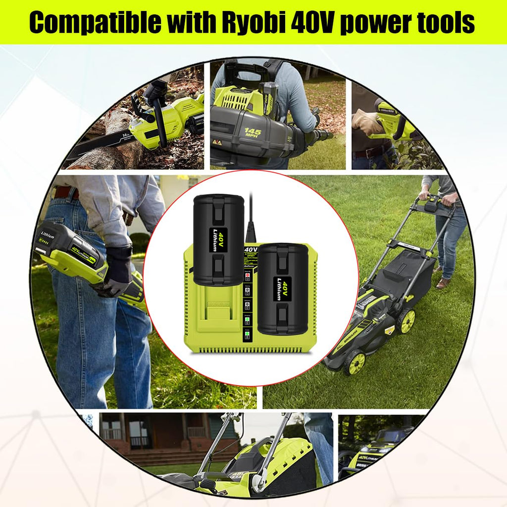 BatPower 2-Pack 40V 6.5Ah Lithium-Ion Replacement Battery and Charger Starter Kit Compatible with Ryobi 40V System, High Capacity Batteries and Charger OP4050A OP401 (3-Piece Set)