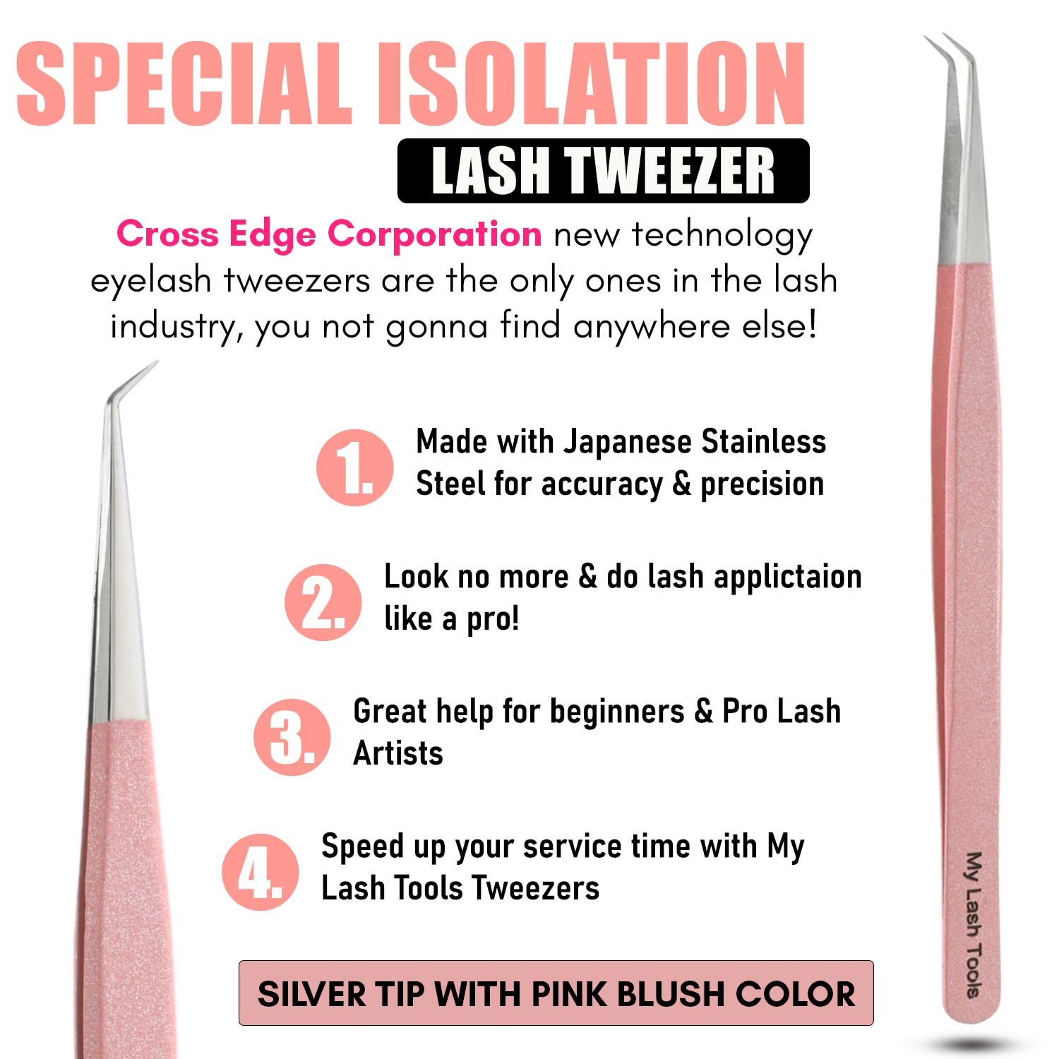 Isolation Lash Tweezers for Eyelash Extensions – 14cm Curved Tweezer, Japanese Stainless Steel, Best for Individual Isolation & Classic Lashes, Eyelash Twisers (Blush Pink)
