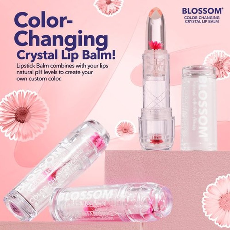 Blossom Moisturizing Scented pH Color Changing 2 pack, Strawberry Scented Crystal Lip Balm (Red), Shimmer Sparkle Lip Stain Tint (Blush), Infused with Real Flowers, 6g, Red/Blush