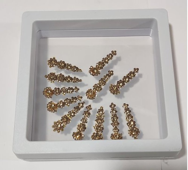 12 Bindi Box Long Crystal Bindis Bridal face Jewels Forehead Tika (With Extra Crystal Stones) | wedding makeup party event body art temporary tattoo Indian Bindi for women (Golden)
