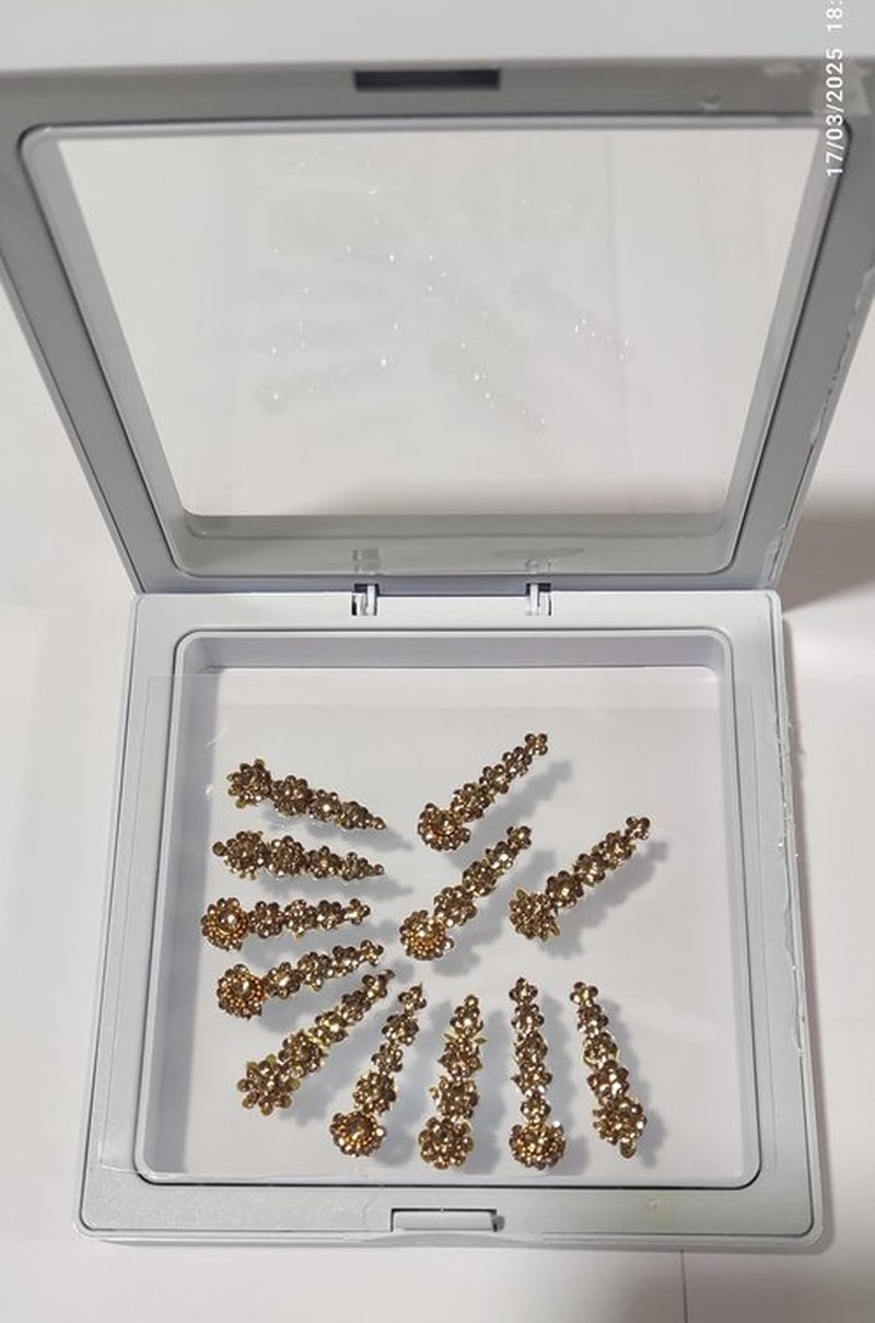 12 Bindi Box Long Crystal Bindis Bridal face Jewels Forehead Tika (With Extra Crystal Stones) | wedding makeup party event body art temporary tattoo Indian Bindi for women (Golden)
