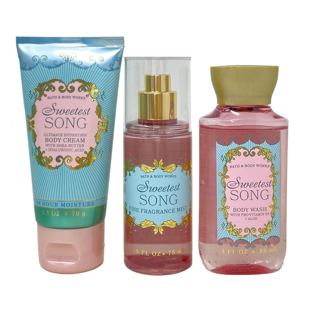 Bath & Body Works Sweetest Song Mini Trio Gift Set - Body Cream, Fragrance Mist and Body Wash - with a Himalayan Salts Sample Soap - Travel Size