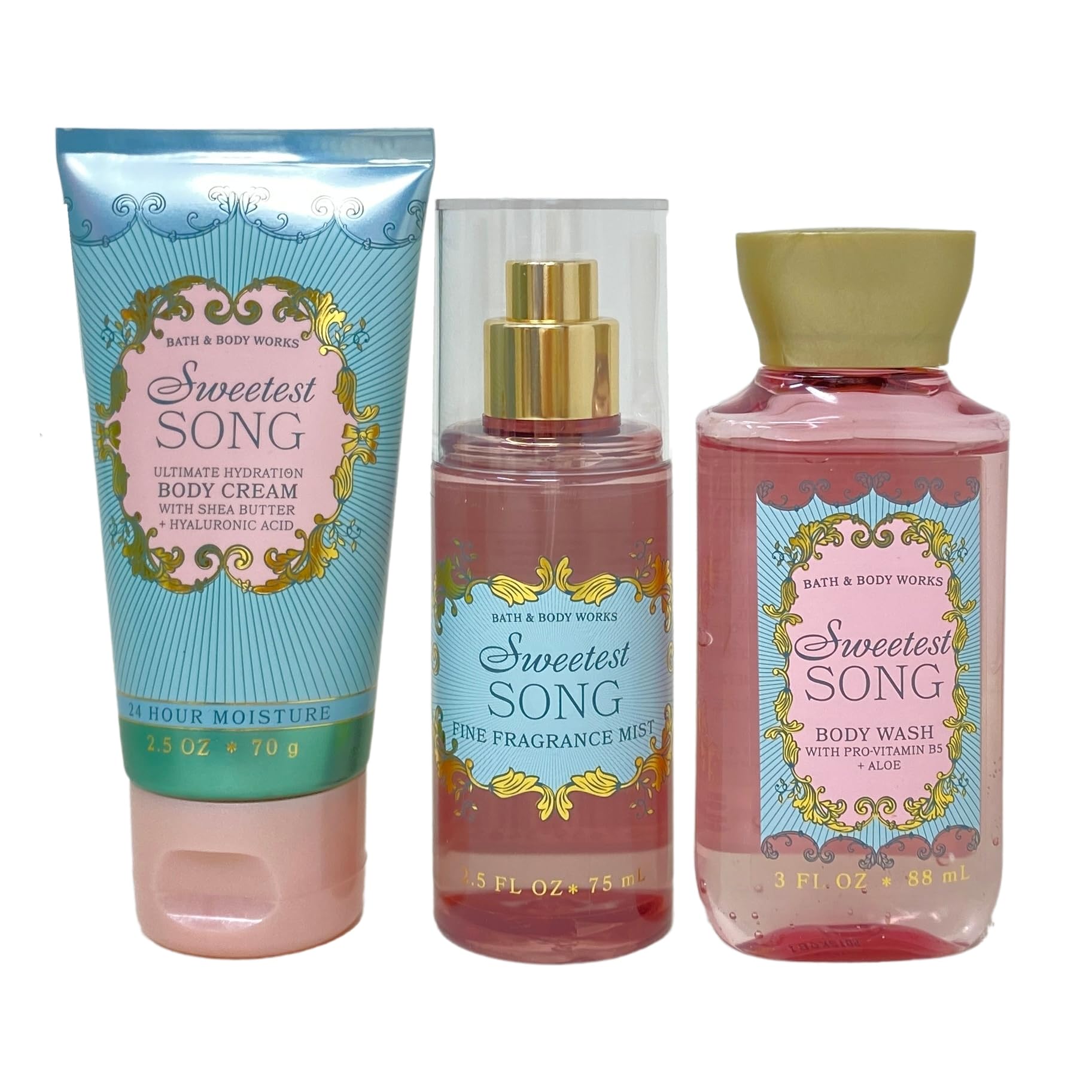 Bath & Body Works Sweetest Song Mini Trio Gift Set - Body Cream, Fragrance Mist and Body Wash - with a Himalayan Salts Sample Soap - Travel Size