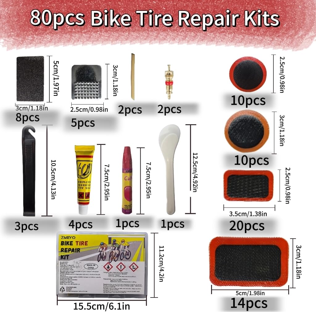 ZMRYO Bike Tire Repair Kit, 80 PCS Bike Tube Patch Kit with Bike Tire Levers, Bike Tire Patch and Tire Repair Glue, Bike Patch Kit for Mountain and Road Bike