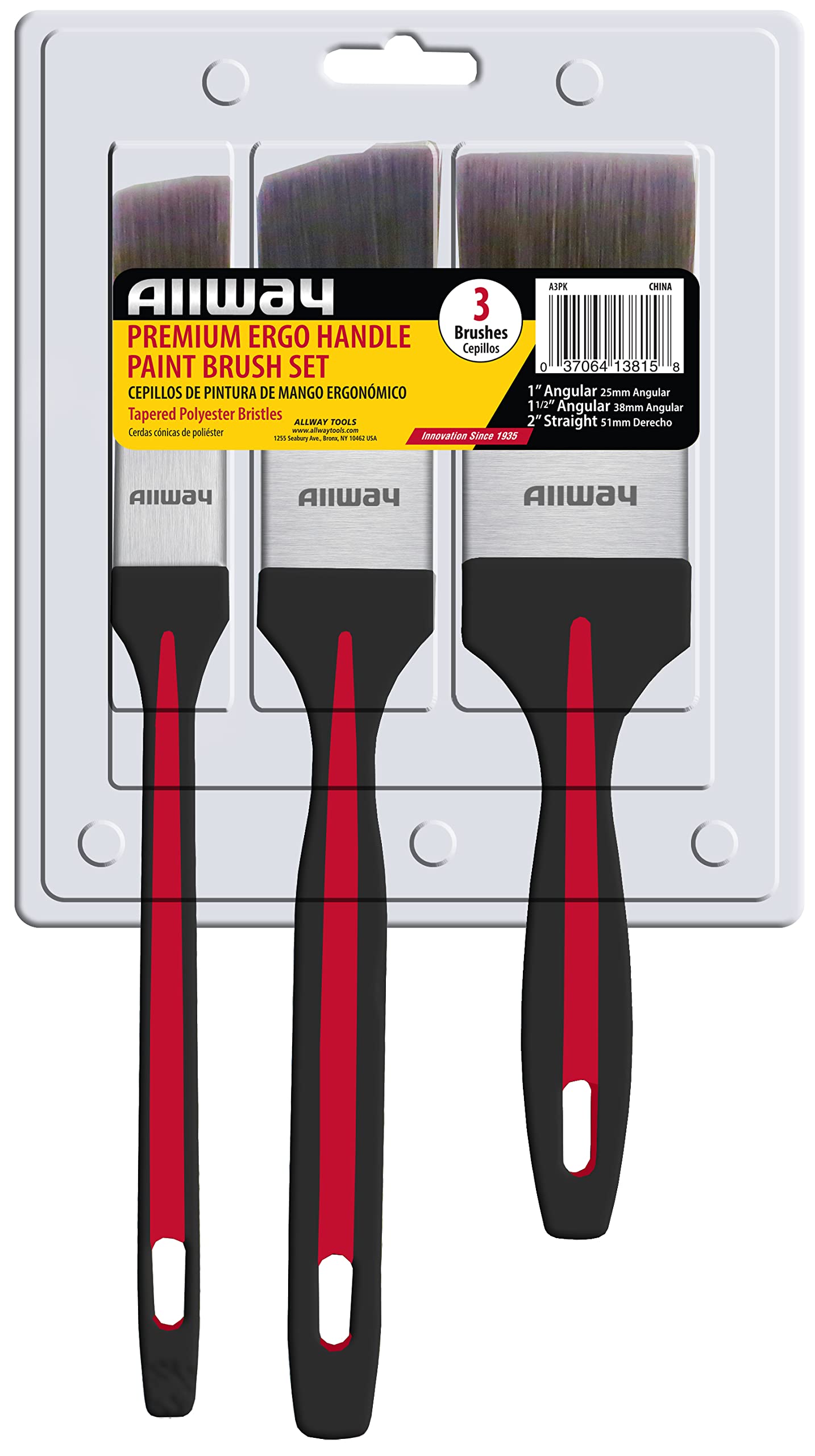 ALLWAY A3PK Ergo-Style Paintbrush Set with 1" Angular, 1.5" Angular, 2" Straight, 3 Pack