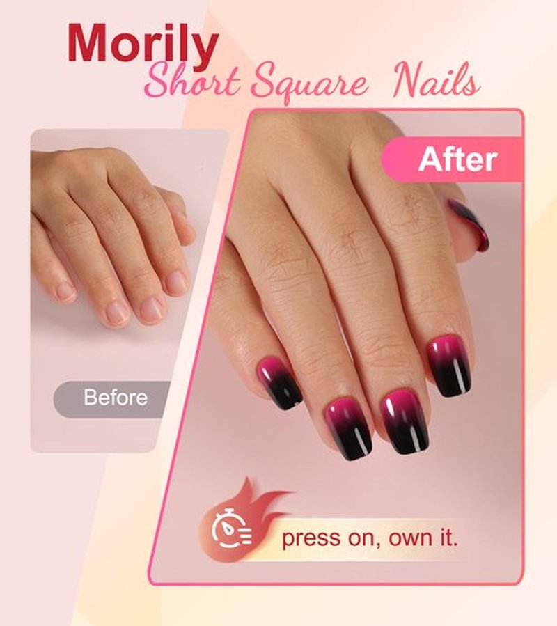 Morily Black Hot Pink Ombre Press on Nails Short, Square Shaped Fake Stick on Nails for Women in 16 Sizes, 32 Pcs Reusable Full Cover Artificial False Fingernails