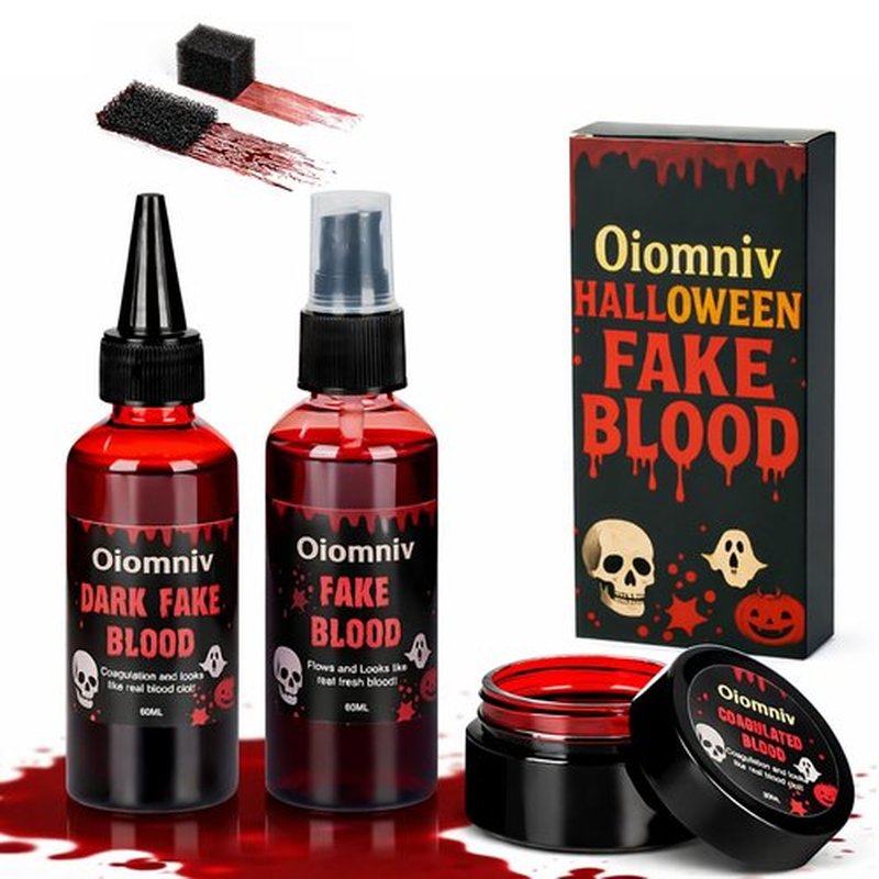 Oiomniv 5PCS Fake Blood Kit, 2.03oz Fake Blood Spray 2.03oz Dripping Blood 1.01oz Coagulated Blood Gel, Realistic Halloween SFX Makeup Washable for Zombie Vampire Cosplay Costume