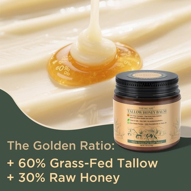THESKCARE 100% Natural Honey Tallow Balm Multi-Purpose Honey & Grass-Fed Tallow Balm Deep Hydration for Dry Skin, Cracked Hands All-Natural No Preservatives or Additives