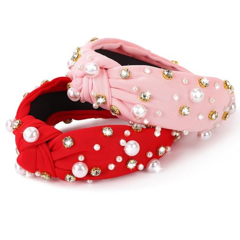 IDDFEVE 2Pcs Valentine's Day Headbands for Women, Heart Love Knotted Hair Hoops, Festive Pearl Hair Accessory Gift (Red&Pink)