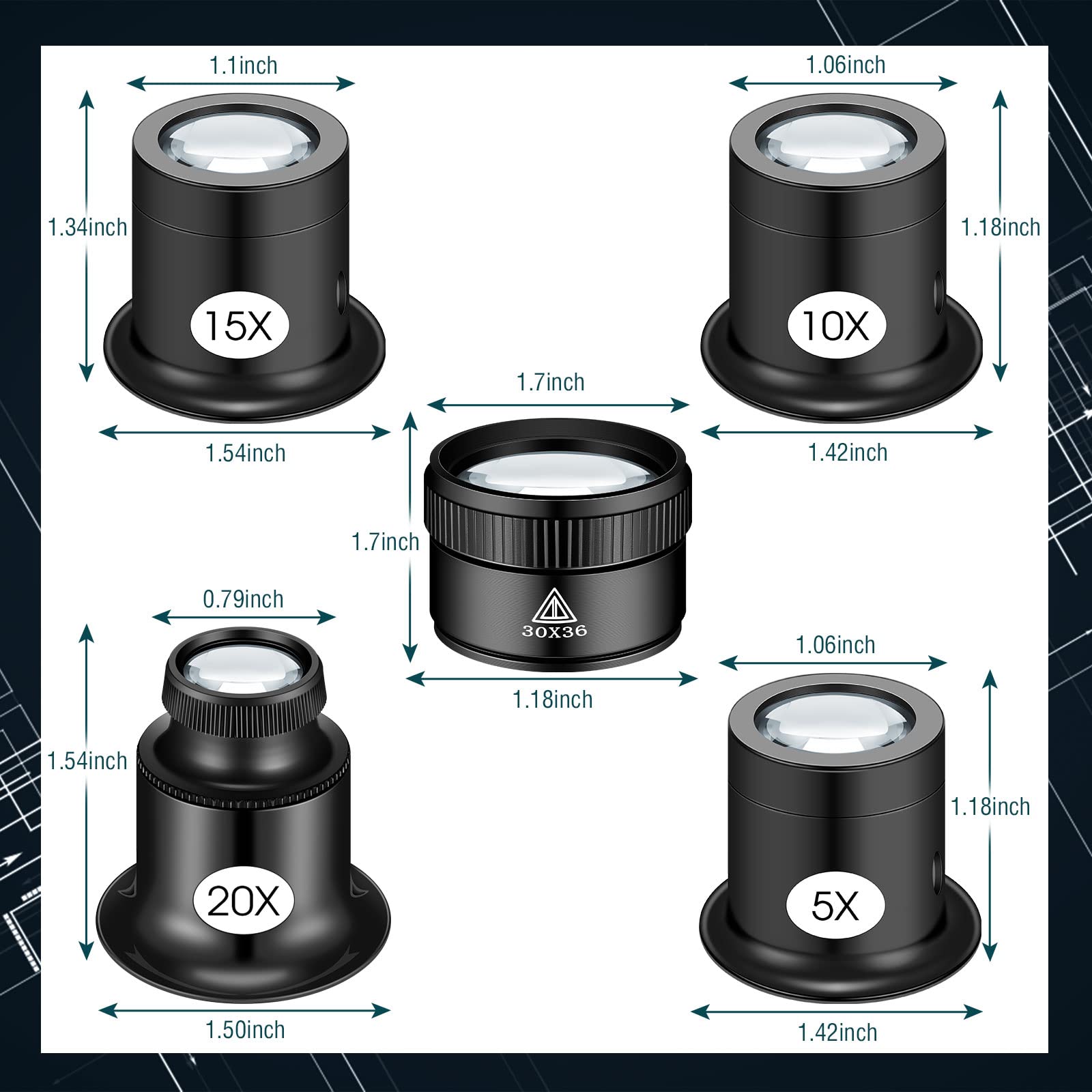 5 Pcs Jewelers Loupe Portable Monocular Magnifying Glass with 5X 10x 15x 20x 30 x 36 mm Lens Watch Eye Loops Magnifier Jewelry Experimental Repair Tool for Textile Optical Circuit Coins