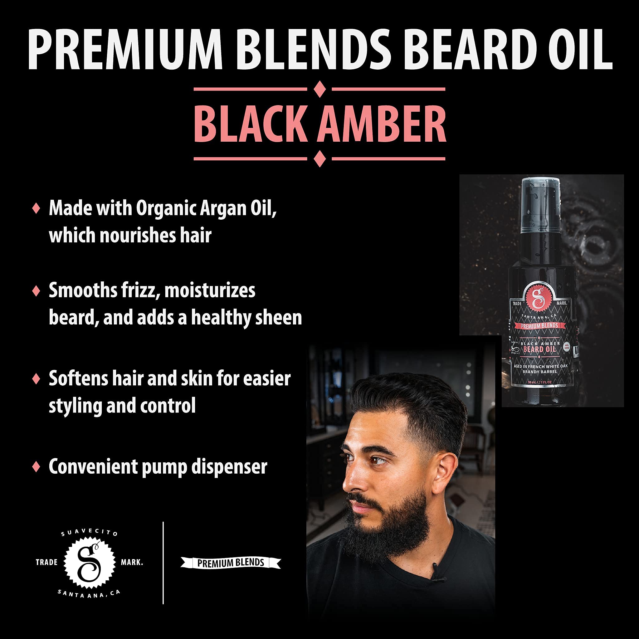 Suavecito Premium Blends Beard Oil - Leave-In Beard Conditioner For Softening Hair, Hydrating Skin, Eliminating Beard Dandruff, Healthy Beard Growth - Black Amber Fragrance - 1 oz