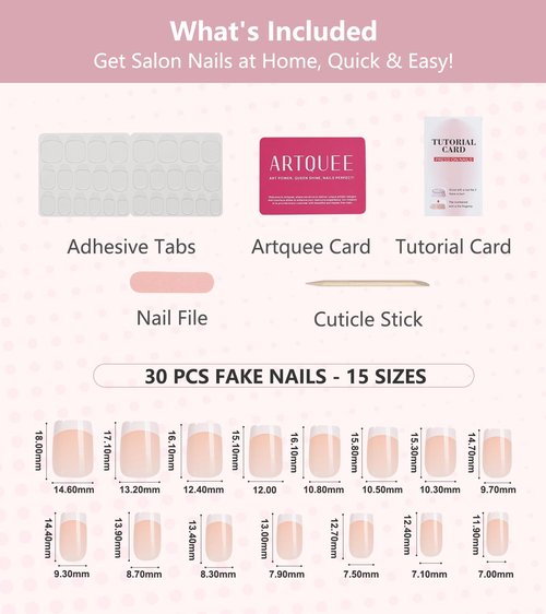 Artquee Classic French Tip Press on Nails Short Nude White Square False Tips Clear Glossy Reusable Fake Stick on Nails Kit for Women - 30 PCS 15 Sizes