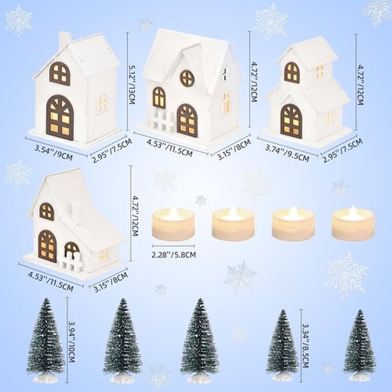 Ovootok Christmas Sculpture Set - 9-Piece LED Lighted Houses & Frosted Trees for Tabletop Décor
