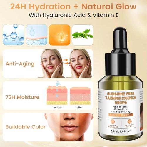 Sunless Tanning Drops - Natural Glow Self Tanner Serum with Hyaluronic Acid & Vitamin E | Fragrance-Free, Lightweight Formula for Face & Body