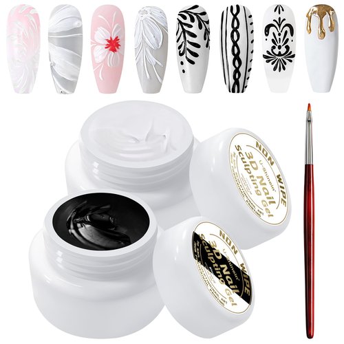 U-Shinein 2Pcs Nail Sculpting Gel,Non Wipe 3D Painting Nail Polish Gel with Nail Painting Pen for Art Carving Modeling,Rub Chrome Nail Powder,and Nail Painting UV/Led Manicure DIY, Black & White