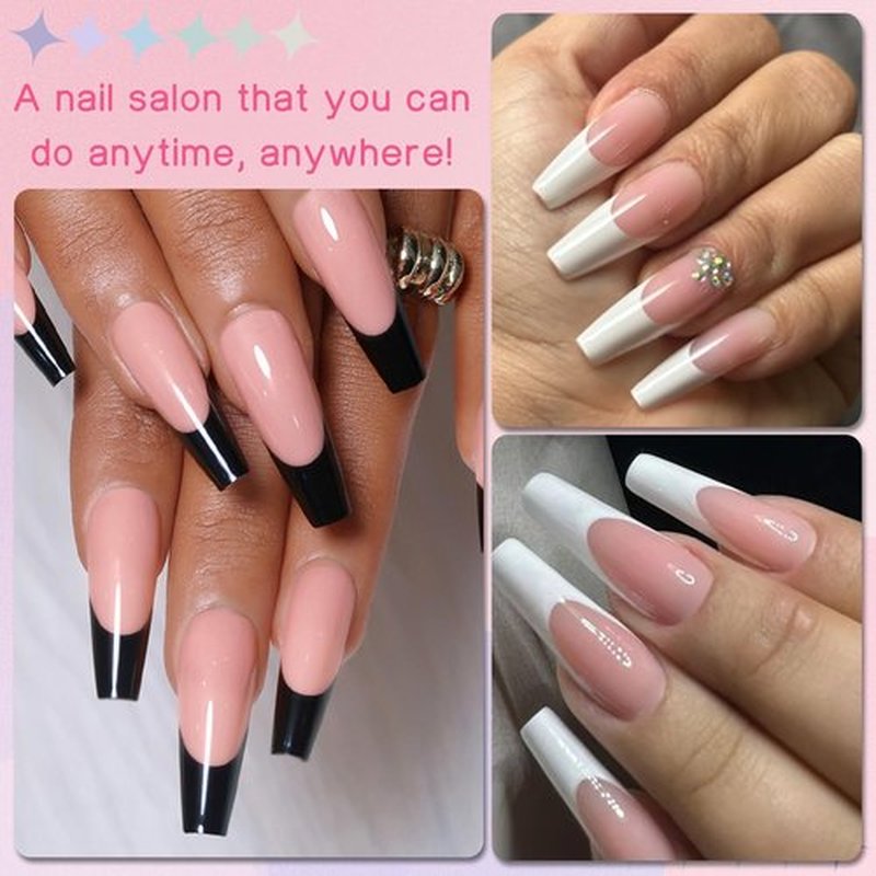 LuckForever 120pc French Tips Press on Nails Long Coffin, Black White Tips Long Press on Nails French Coffin Fake Nail Full Cover Glue on Nails Press ons Acrylic Nail Fingernail & Adhesive Tabs