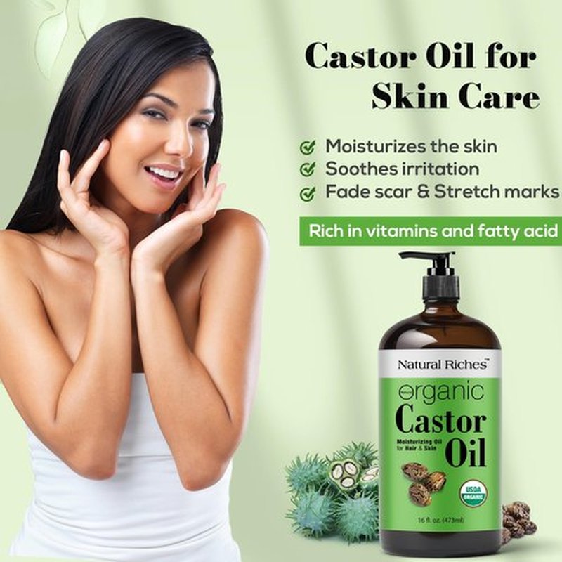 Natural Riches Organic Castor Oil Glass Bottle - USDA Certified, 100% Pure, Unrefined & Cold Pressed – Soothes Dry Skin, Scalp - For Hair Growth & Thicker Eyelashes, Eyebrows – 16 fl oz