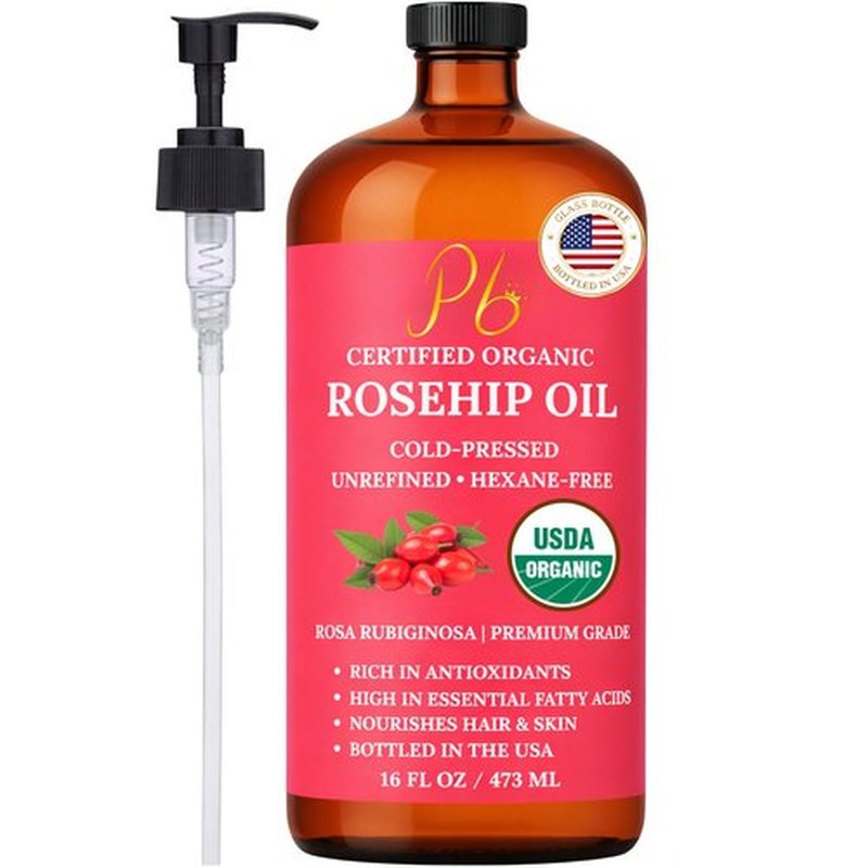 Pomberries Rosehip Seed Oil for Face, Skin & Hair – 100% Pure, Cold-Pressed & Unrefined USDA Organic Rosehip Oil – Helps Reduce the Appearance of Fine Lines & Wrinkles – 16 fl oz Glass Bottle
