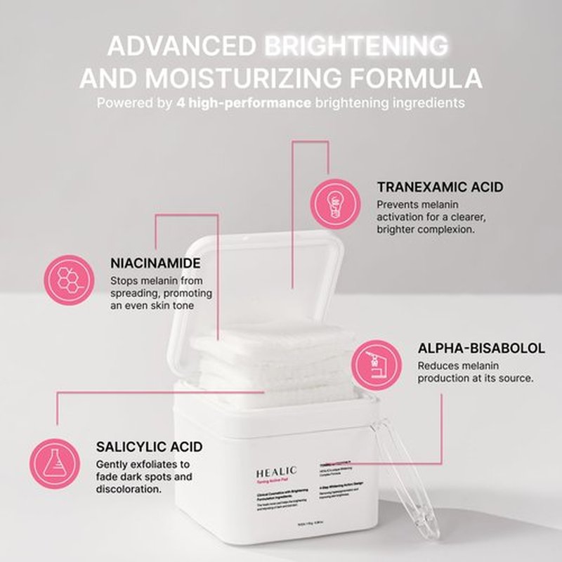 Healic Toning Active Pad – Dual-Textured Toner Pads for Brightening, Hydrating, and Soothing with Tranexamic Acid & Hyaluronic Acid – Gentle for Sensitive Skin, Korean Skin Care, Vegan, 70 Pads