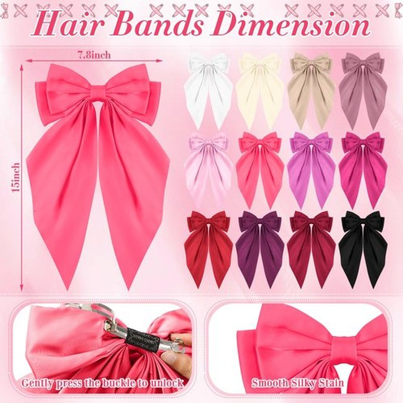 Hoteam 12 Pcs Silky Satin Oversized Hair Bows Bulk Big Hair Bows for Women Valentines Long Tail Large Bowknot Barrettes Galentines Barrettes Clips Ribbon Bow Accessories Gifts(Fresh)