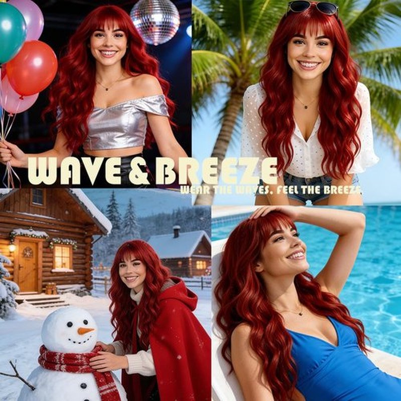 Long Red Wigs with Bangs 26Inch Wavy Curly Hair for Women Tangle Free Soft Natural Looking Premium Heat Resistant Protein Fiber Daily Party Use