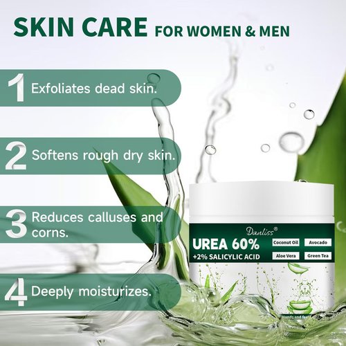 Danliss Urea Cream 60% with 2% Salicylic Acid – Unscented 60 Percent Urea Maximum Strength for Dry, Cracked Heels, Hands, Knees, and Elbows. Dead Skin Remover & Callus Repair Treatment 6.35 oz