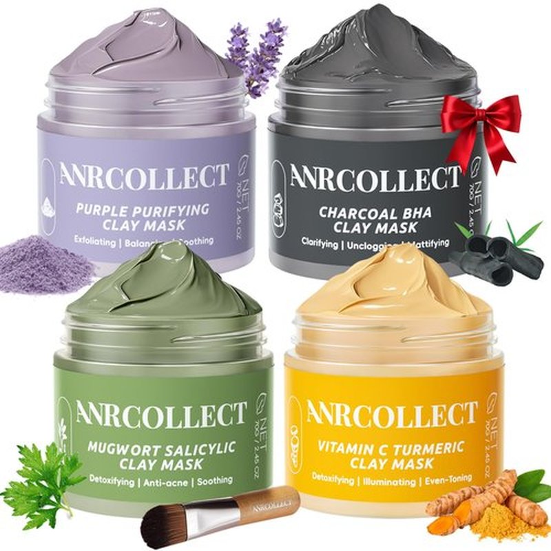 ANRCOLLECT Face Mask Set, 4Pcs Clay Mask, Face Masks Skin Care with Vitamin C, Charcoal, Mugwort and Purple Clay, Skincare Gift Set for Blackheads Refining Pores & Controling Oil, Facial Gift Kit