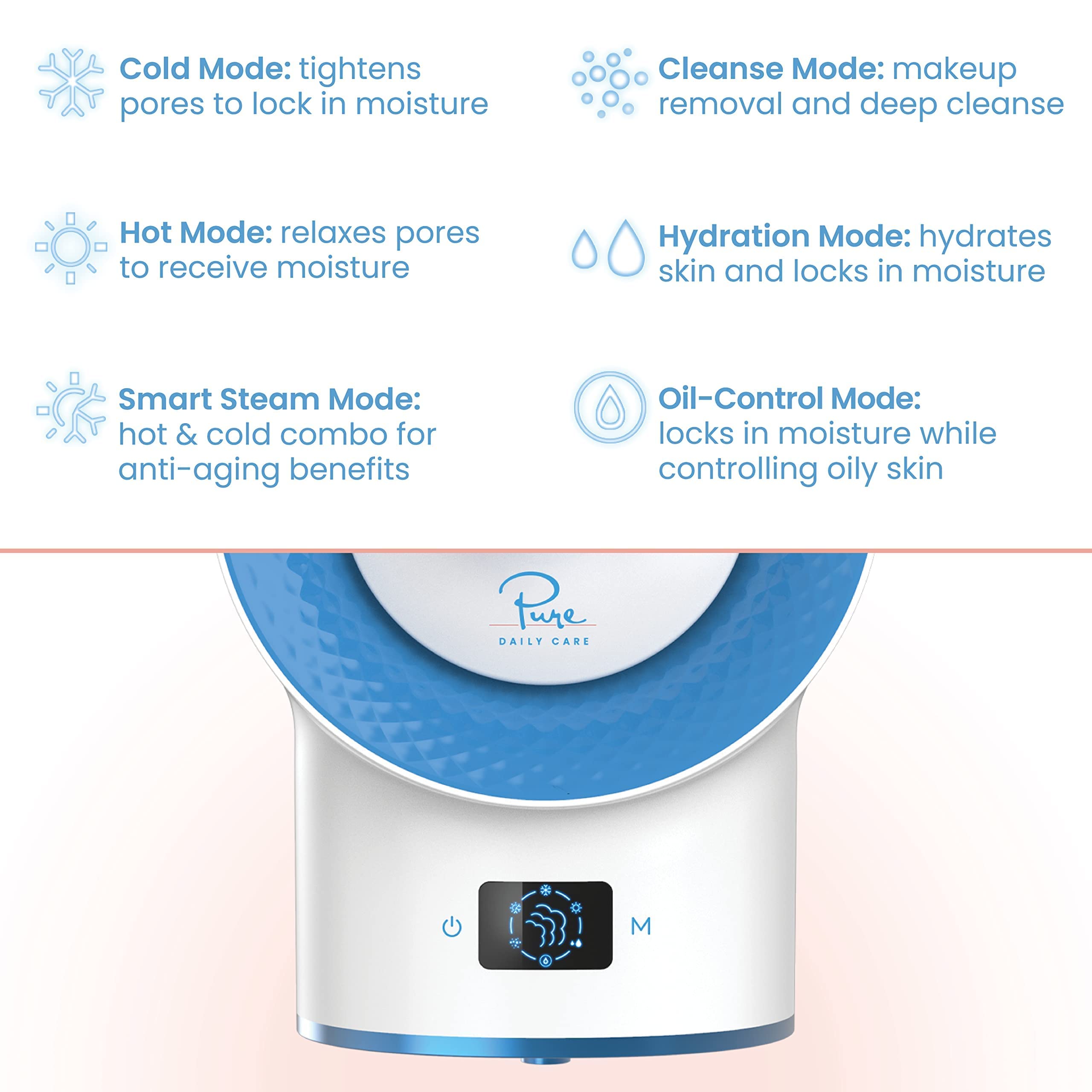Pure Daily Care NanoSteamer Clinical 10-in-1 Smart Dermatologist Grade Ionic Facial Steamer - 2 Multi-Position Face Steamer Nozzles for Aromatherapy - 6 Pre-Porgrammed Modes - Include Extraction Set