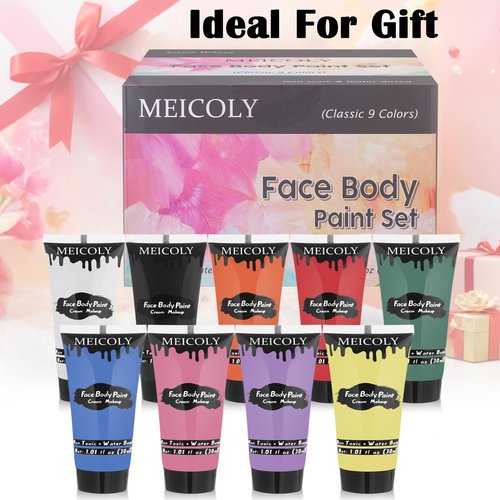MEICOLY 9 Colors Face Body Paint Set,1.01x9oz/Box,Water Based Washable Face Paint for Adult Kid,Elphaba Green Face Paint,Safe Body Paint for Skin,Red White Blue Face Painting Kit for Halloween Makeup