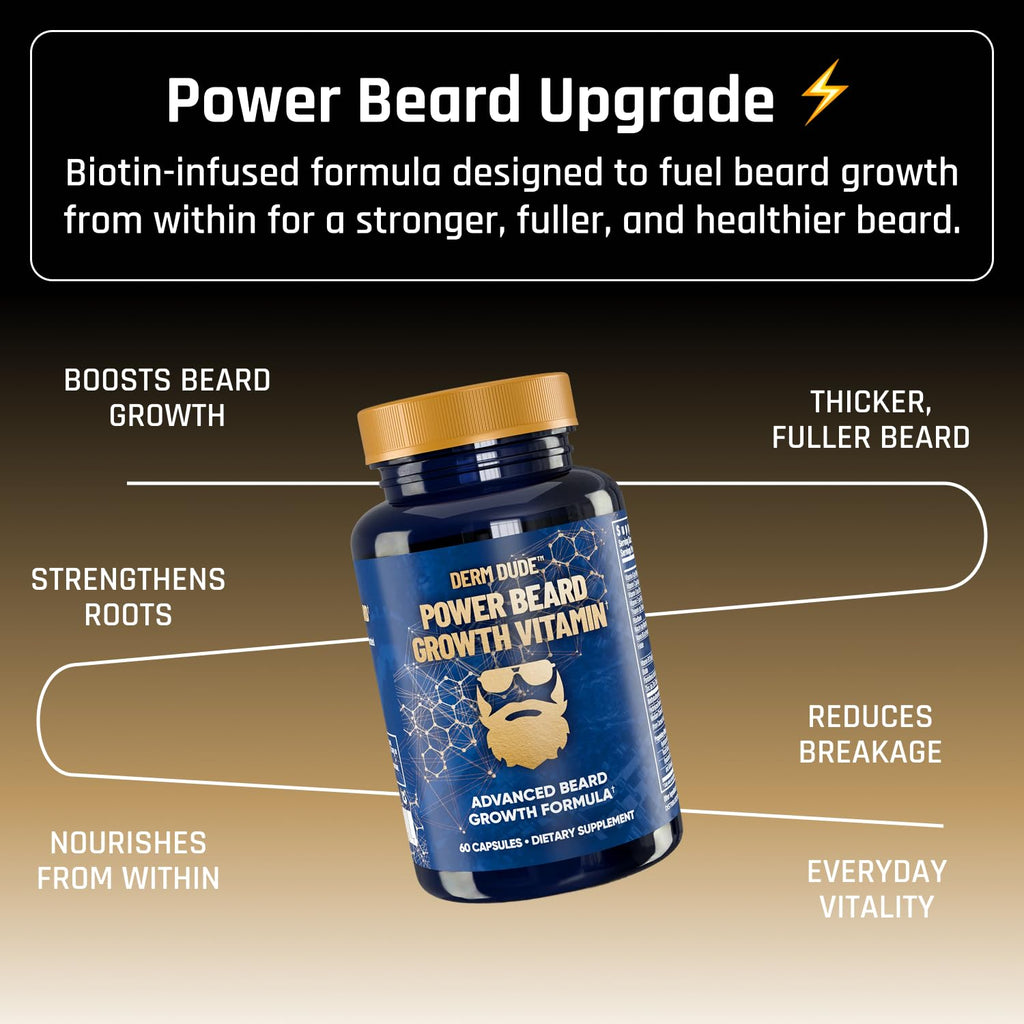 Derm Dude Power Beard Growth Vitamins for Men | With Biotin 10K MCG, Zinc B12 Saw Palmetto & Keratin for Healthier Thicker Fuller & Stronger Facial Hair | Restore Hair Breakage & Thinning, 60 Capsules