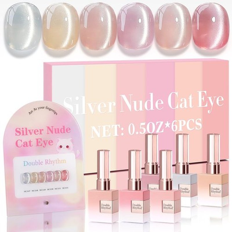 Double Rhythm Cat Eye Gel Nail Polish Set - 6 Shimmer Glitter Colors | 0.5 Oz Holographic Magnetic Polish