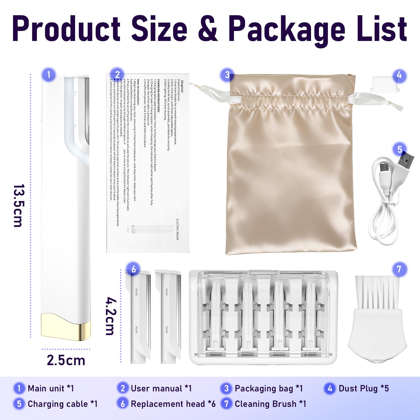 Rechargeable Sonic Dermaplaning Tool for Face - 7 Refill Blades with Travel Storage Bag, Facial Hair & Peach Fuzz Remover for Women (White)