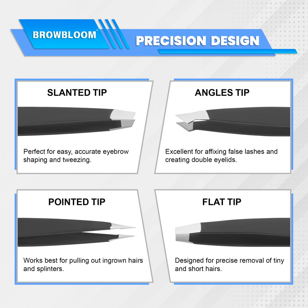 BROWBLOOM 4Piece Set of Professional Tweezers for Women Facial Hair, Black Stainless Steel Precision Tweezer for Ingrown Hair, Eyebrow Tweezers for Men Comes in Carrying Pouch (Black Set)