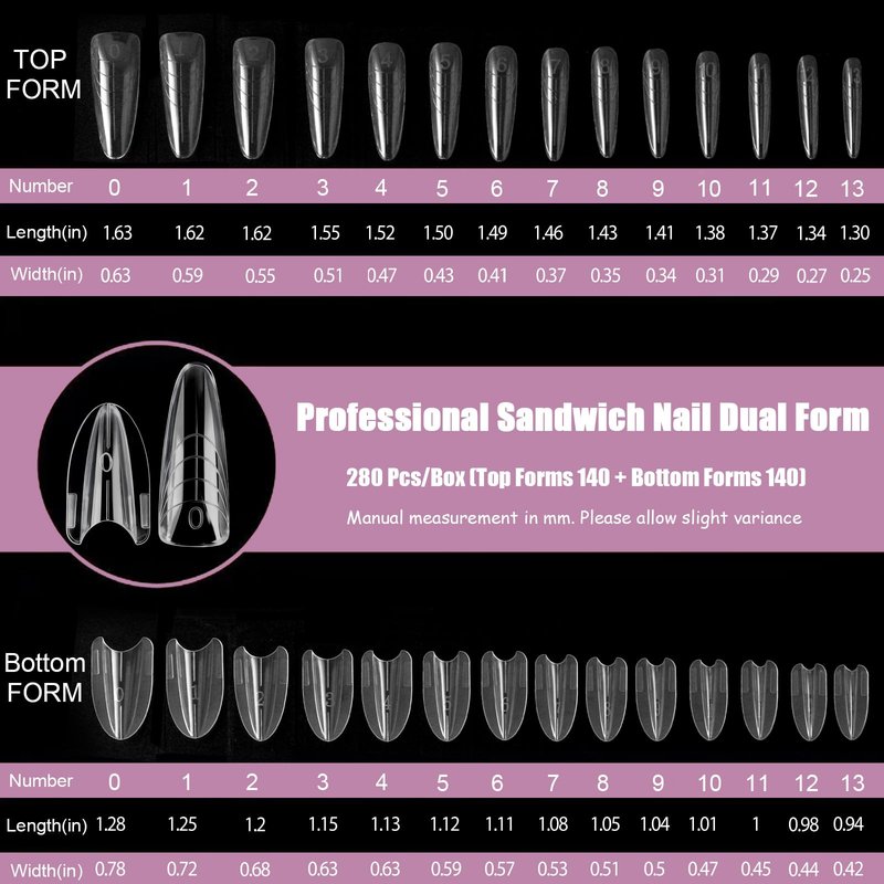 Vnjaoi 280 Pcs Original Sandwich Nails Dual Form with Guide Lines Almond Round Nail Mold for Builder Gel Nail Extensions Art Design Salon DIY at Home
